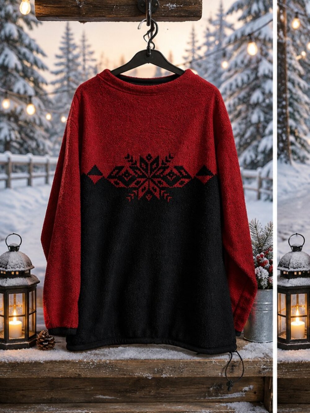 Red Black Nordic Snowflake Fleece Pullover Sweater Winter Christmas